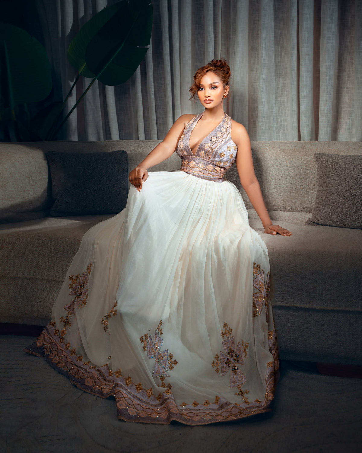 Silver & Mauve Halter Neck Habesha Dress Backless Habesha Kemis Online & Traditional Ethiopian dress 1237