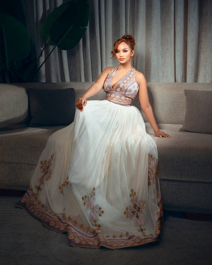 Silver & Mauve Halter Neck Habesha Dress Backless Habesha Kemis Online & Traditional Ethiopian dress 1237