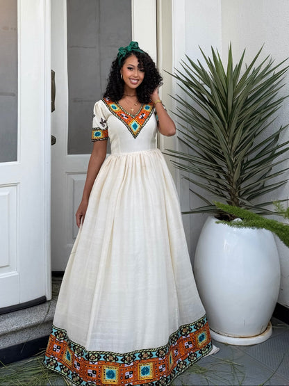 Vibrant Multicolor V-Neck Ethiopian Clothing Short Sleeve Habesha Kemis Online & Traditional Ethiopian dress 1238