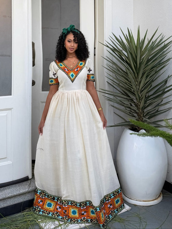 Multicolor V-Neck Short Sleeve Habesha Dress
