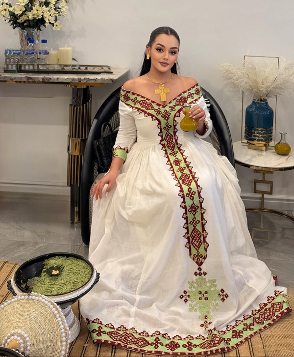 Maroon & Mint Green Habesha Dress  Off-Shoulder Long Sleeve Habesha kemis Online & Traditional Ethiopian dress 1239