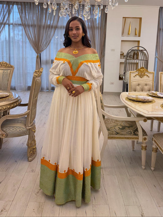 Emerald & Turquoise Mosaic Gown Fine habesha cloth
