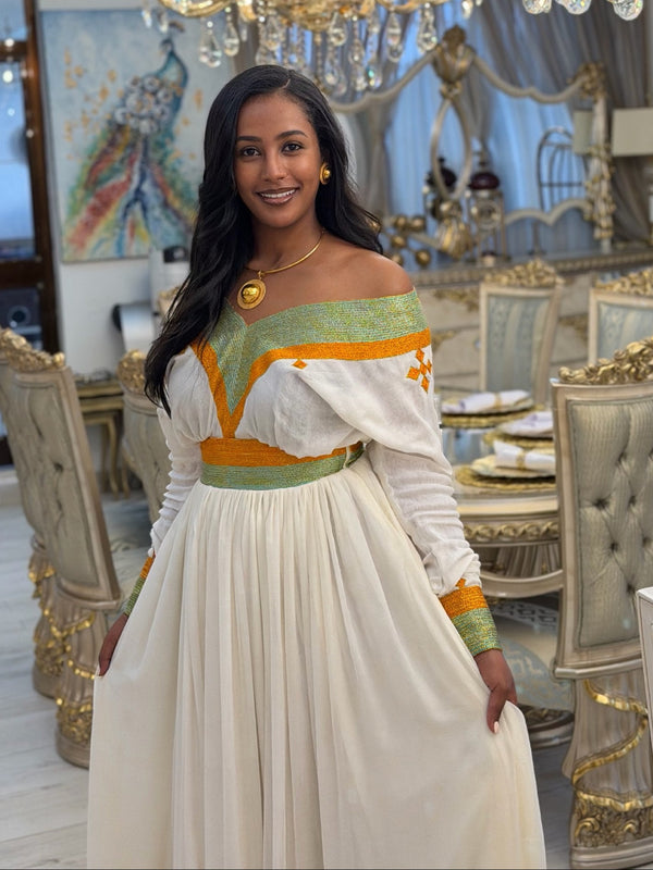 Lime Green & Saffron Orange Off-Shoulder Ethiopian Dress Long Sleeve Habesha Kemis 1240