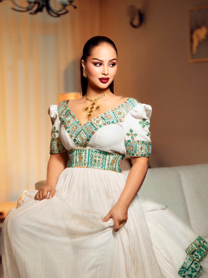 Emerald & Turquoise Mosaic Corset Habesha Kemis Puff Sleeve Habesha Dress & Traditional Ethiopian dress 1241