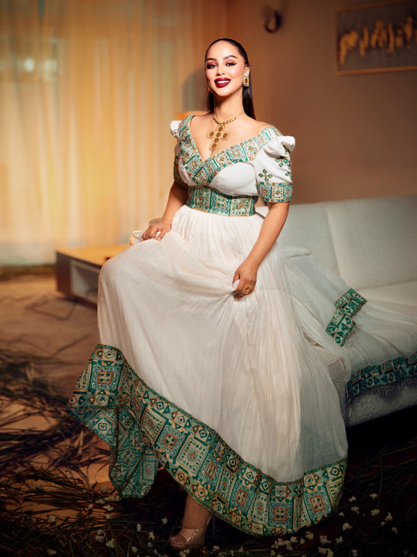Emerald & Turquoise Mosaic Gown | Fine habesha cloth