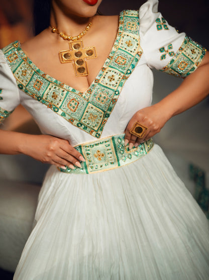 Emerald & Turquoise Mosaic Corset Habesha Kemis Puff Sleeve Habesha Dress & Traditional Ethiopian dress 1241