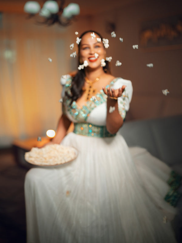 Emerald & Turquoise Mosaic Corset Habesha Kemis Puff Sleeve Habesha Dress & Traditional Ethiopian dress 1241