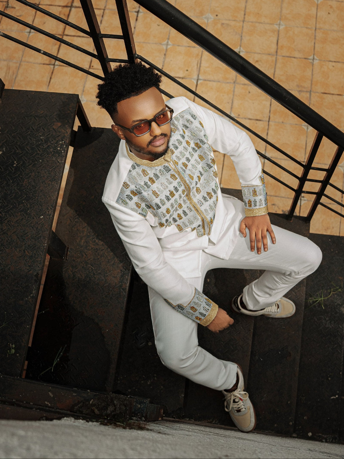 Silver & Gold Embroidered Long Sleeve Habesha Men Shirt  Ethiopian Men Clothing 1242