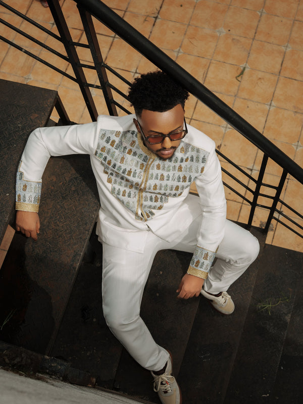 Silver & Gold Embroidered Long Sleeve Habesha Men Shirt  Ethiopian Men Clothing 1242