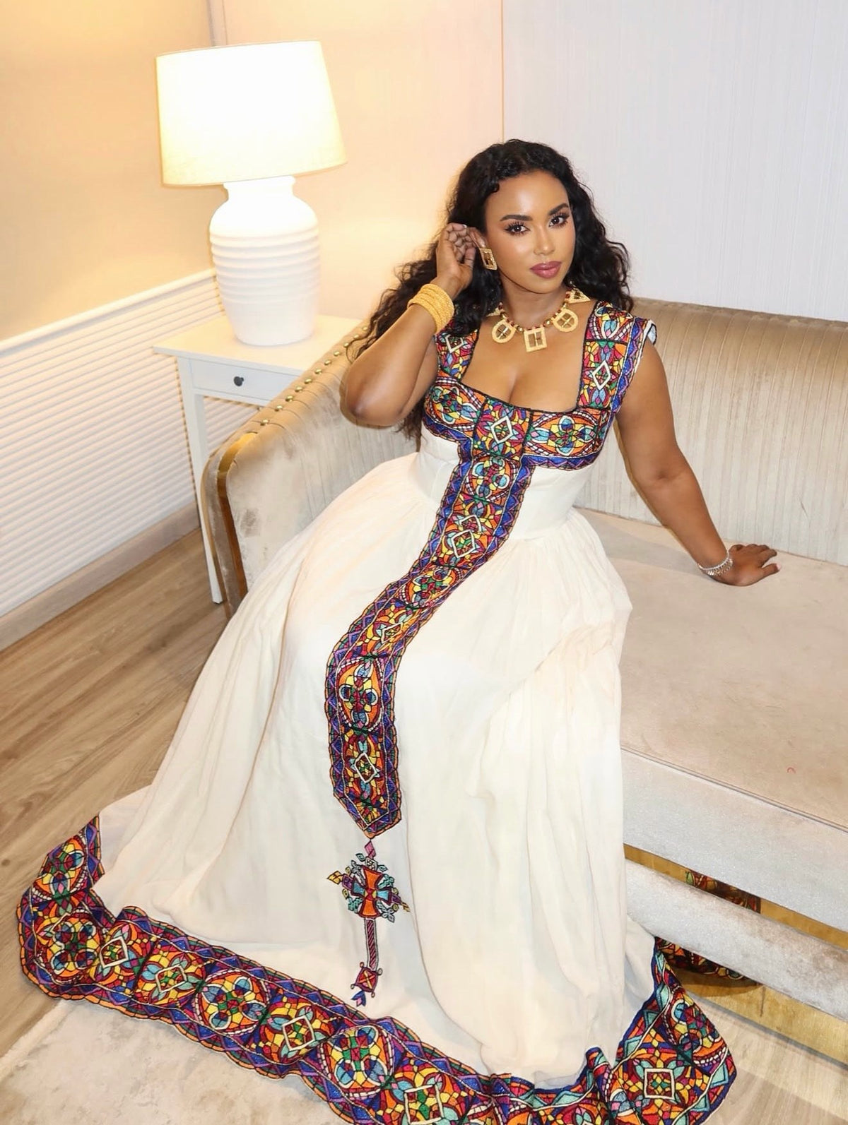 Vibrant Mosaic Square-Neck Gown | Authentic habesha cloth