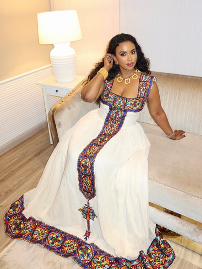 Vibrant Mosaic Square-Neck Gown | Authentic habesha cloth