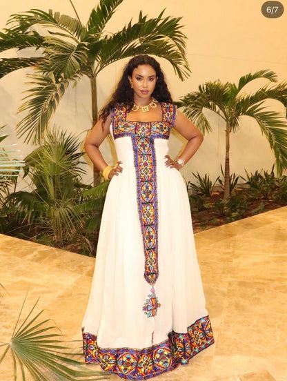 Stained-Glass Geometric Mosaic Sleeveless Habesha Kemis Traditional Ethiopian dress & Ethiopian Clothing 1245