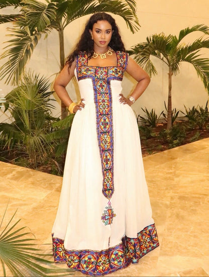 Stained-Glass Geometric Mosaic Sleeveless Habesha Kemis Traditional Ethiopian dress & Ethiopian Clothing 1245