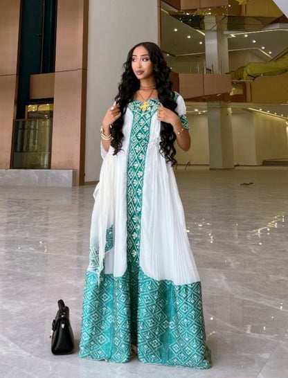 Emerald Diamond Accent Handcrafted Dress | Pure habesha cloth