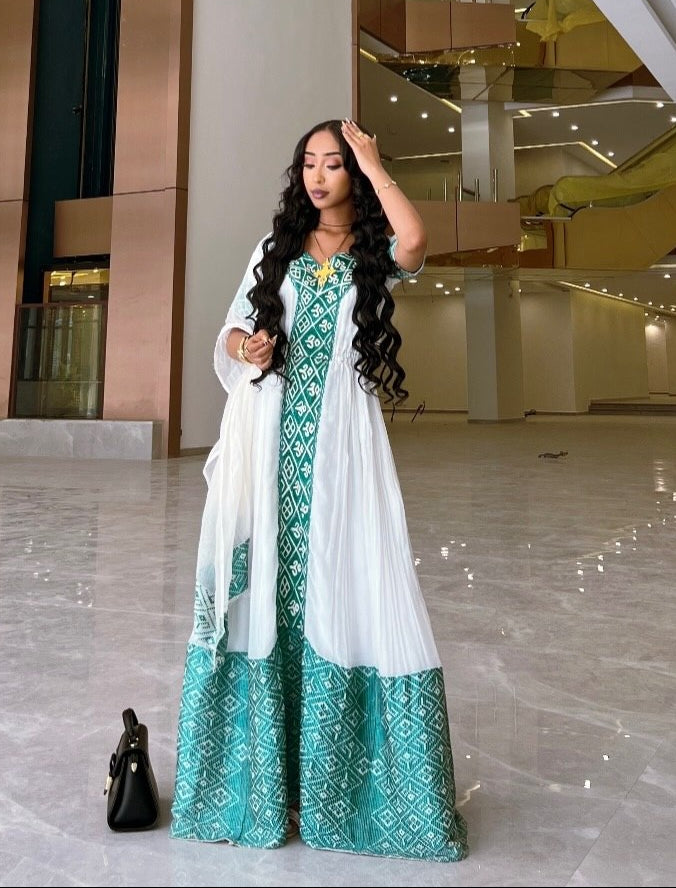 Forest Emerald Geometric Habesha Kemis Diamond Pattern Cap-Sleeve Habesha Dress & Traditional Ethiopian dress 1246