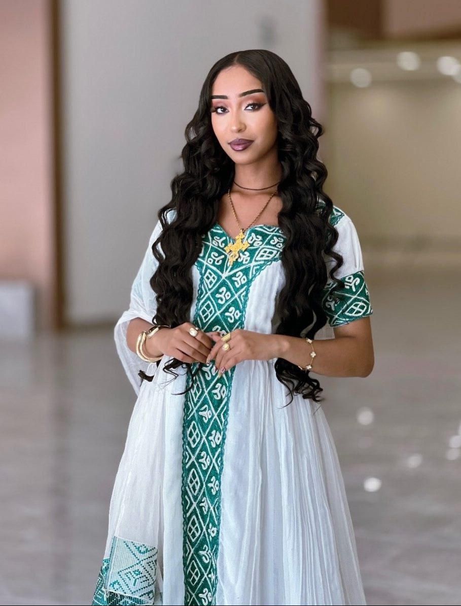 Forest Emerald Geometric Habesha Kemis Diamond Pattern Cap-Sleeve Habesha Dress & Traditional Ethiopian dress 1246