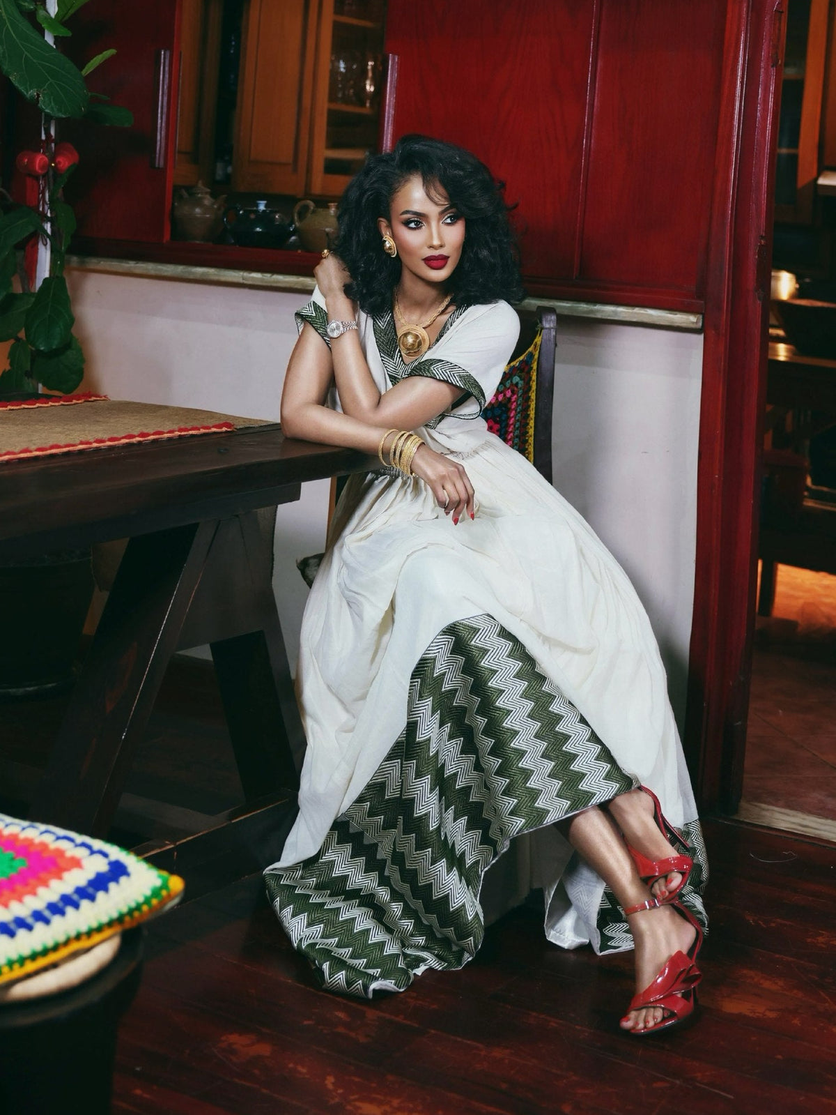 Olive Green & Metallic Zigzag Habesha Dress V-Neck Kimono Sleeve Traditional Ethiopian dress 1247