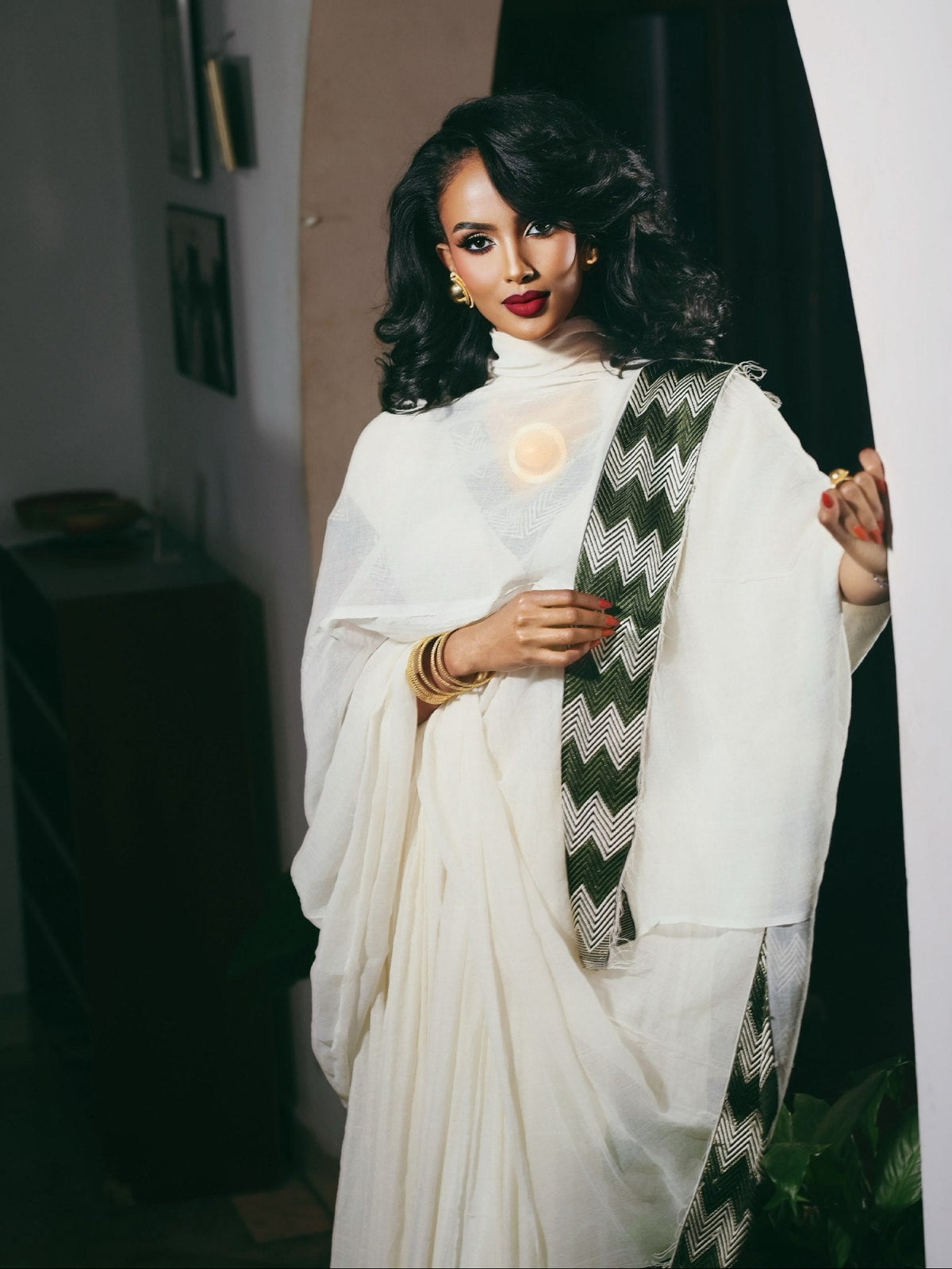 Olive Green & Metallic Zigzag Habesha Dress V-Neck Kimono Sleeve Traditional Ethiopian dress 1247