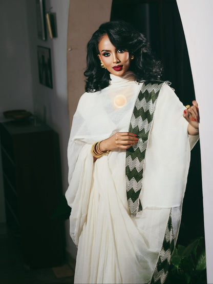 Olive Green & Metallic Zigzag Habesha Dress V-Neck Kimono Sleeve Traditional Ethiopian dress 1247