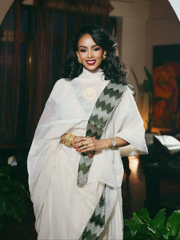 Olive Green & Metallic Zigzag Habesha Dress V-Neck Kimono Sleeve Traditional Ethiopian dress 1247