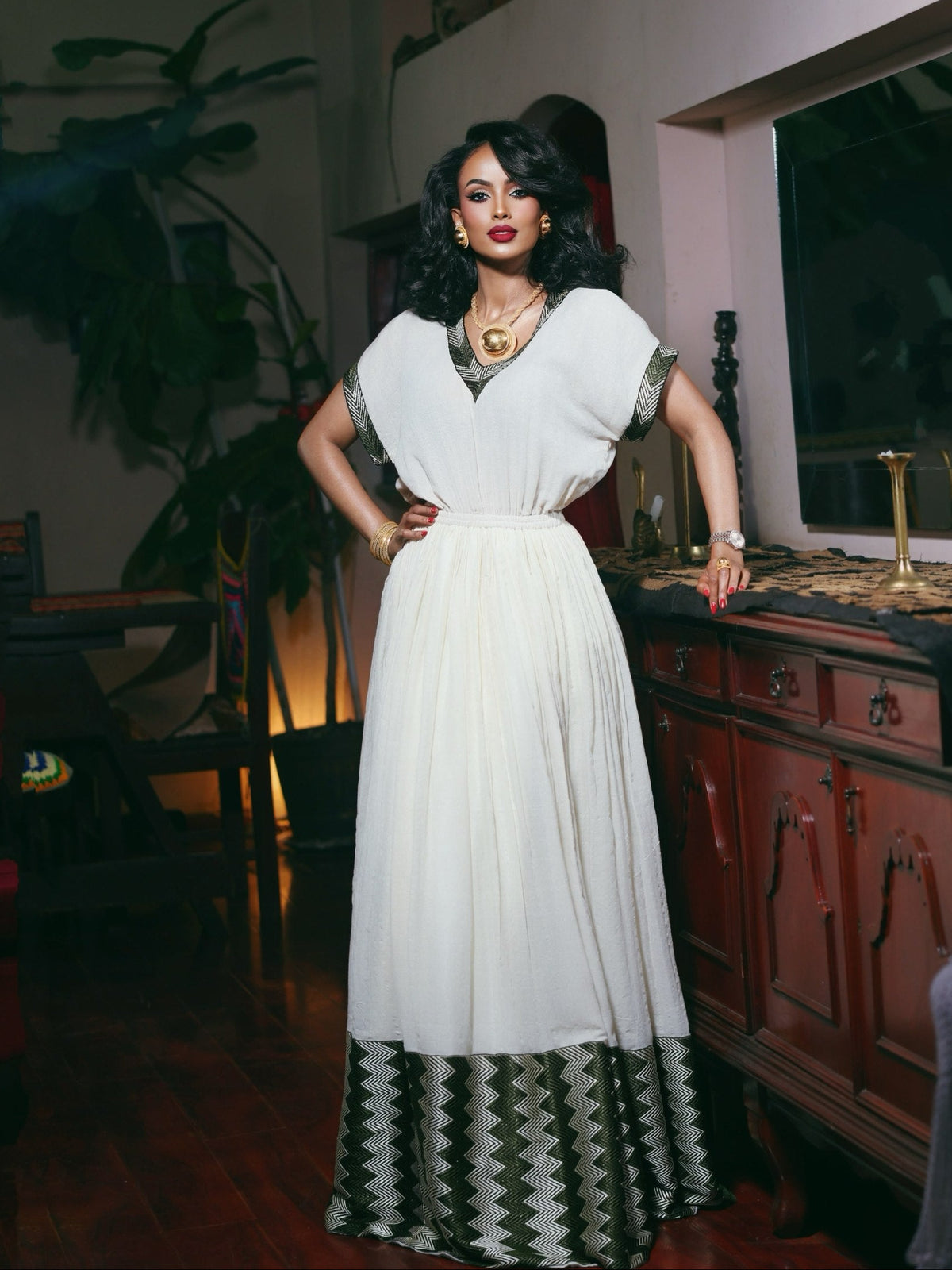 Olive Zigzag Chevron Border Gown Handwoven habesha cloth