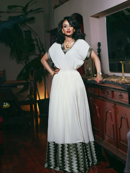Olive Zigzag Chevron Border Gown Handwoven habesha cloth