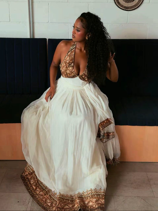 Bronze & Mocha Halter Gown | Luxurious habesha cloth
