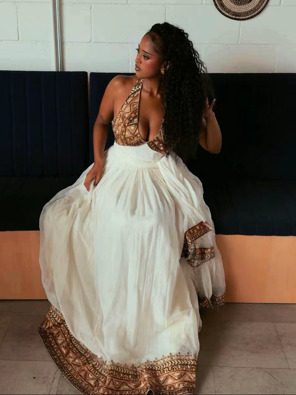 Bronze & Mocha Halter Gown | Luxurious habesha cloth
