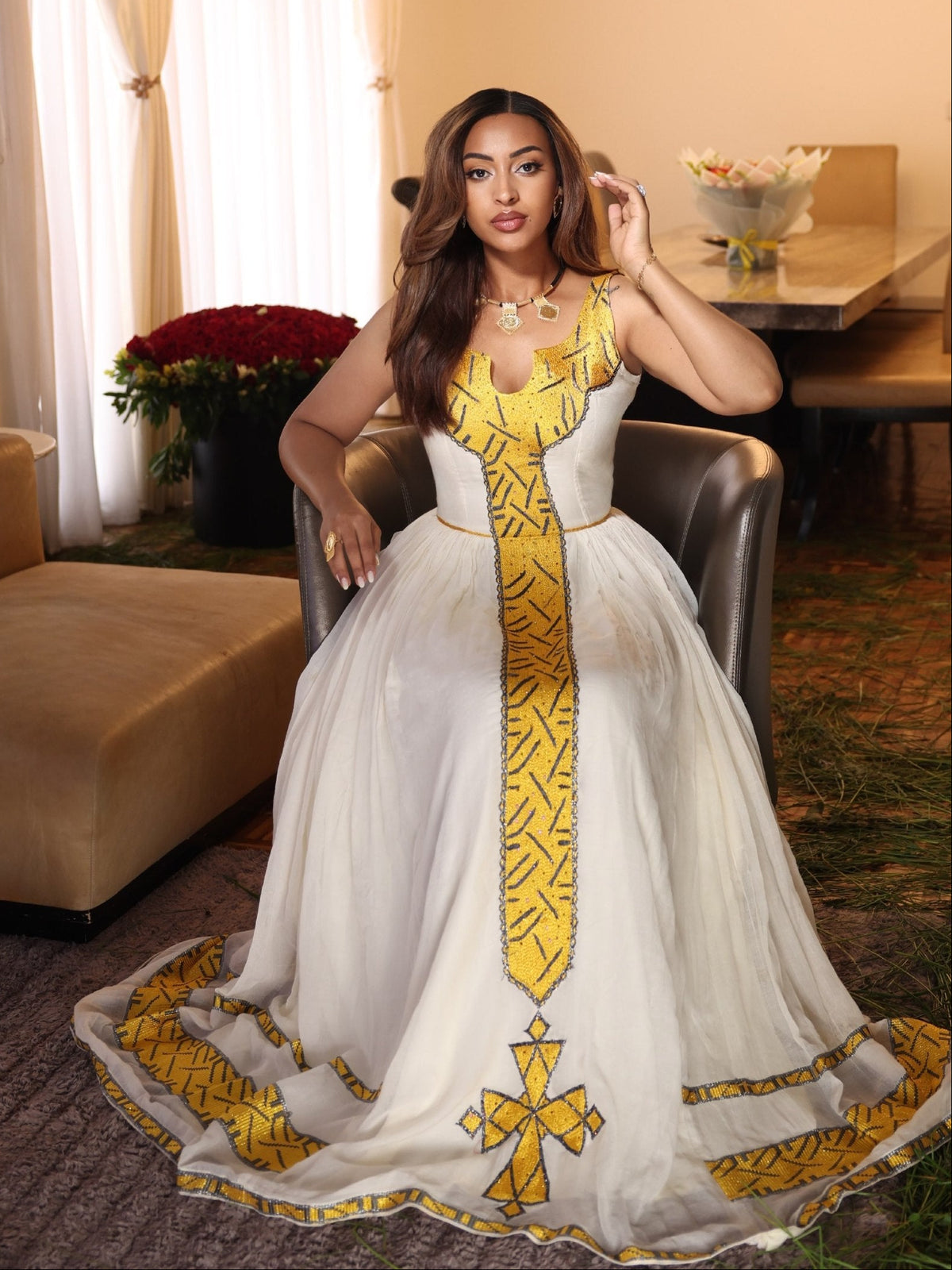 Golden Yellow Chevron Needlework Gown Authentic habesha cloth