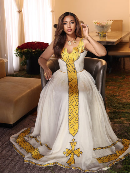 Golden Yellow Chevron Needlework Gown Authentic habesha cloth