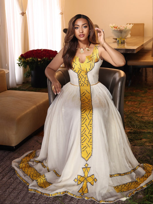 Golden Yellow Chevron Needlework Gown Authentic habesha cloth