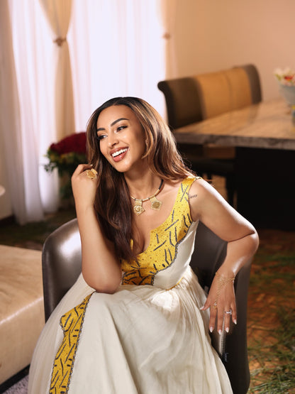 Golden Sunburst Geometric Sleeveless Traditional Ethiopian dress Timeless Habesha Kemis 1249