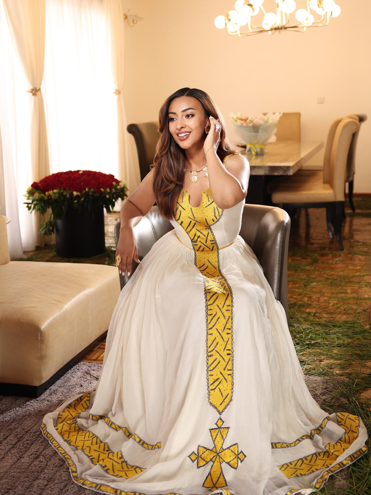 Golden Sunburst Geometric Sleeveless Traditional Ethiopian dress Timeless Habesha Kemis 1249
