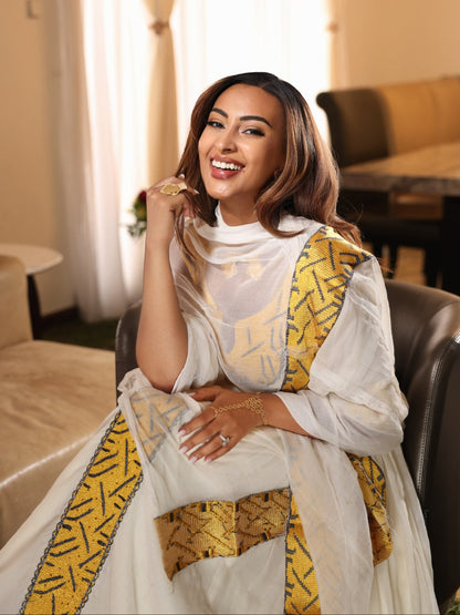Golden Sunburst Geometric Sleeveless Traditional Ethiopian dress Timeless Habesha Kemis 1249