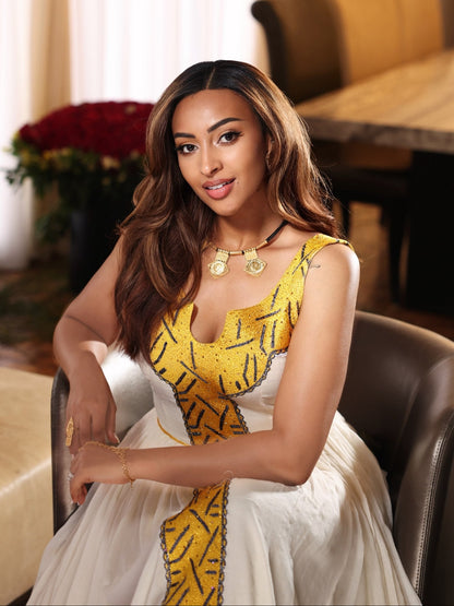 Golden Sunburst Geometric Sleeveless Traditional Ethiopian dress Timeless Habesha Kemis 1249