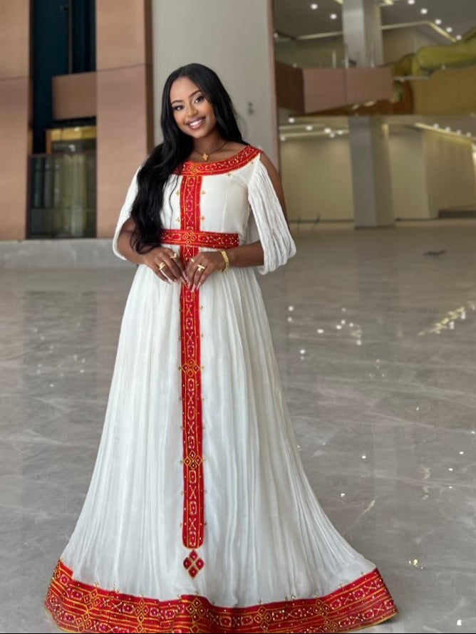 Crimson Red Geometric Embroidered Gown | Fine habesha cloth