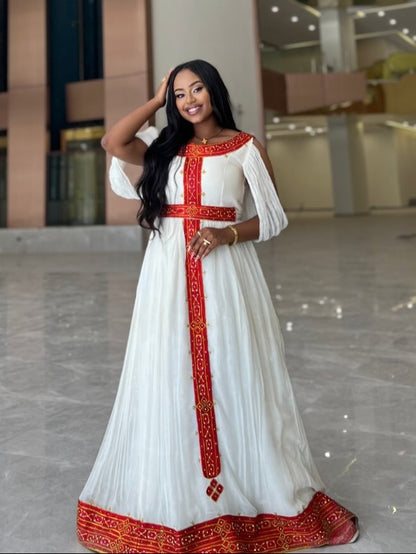 Crimson Red & Gold Cold-Shoulder Habesha Dress Flutter Sleeve Ethiopian Clothing & Habesha Kemis 1250