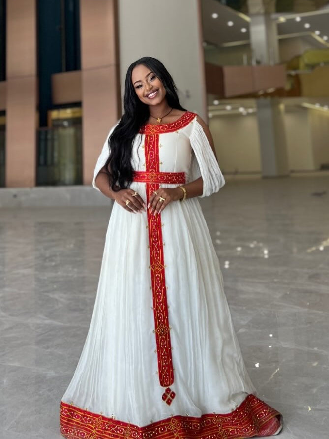Crimson Red & Gold Cold-Shoulder Habesha Dress Flutter Sleeve Ethiopian Clothing & Habesha Kemis 1250