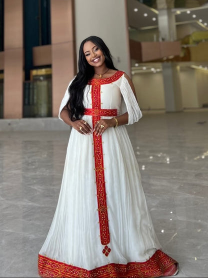 Crimson Red & Gold Cold-Shoulder Habesha Dress Flutter Sleeve Ethiopian Clothing & Habesha Kemis 1250