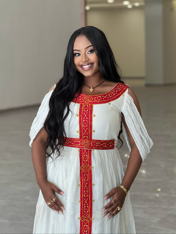 Crimson Red & Gold Cold-Shoulder Habesha Dress Flutter Sleeve Ethiopian Clothing & Habesha Kemis 1250