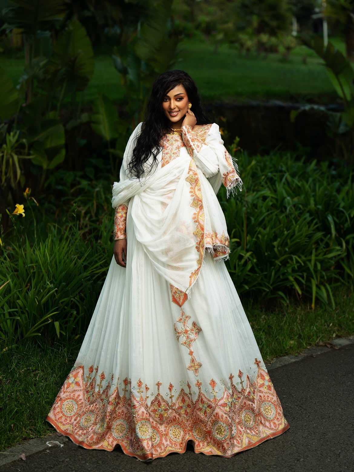 Peach & Gold Filigree Embroidered Habesha Dress Long Sleeve Habesha Kemis With Matching Netela 1251