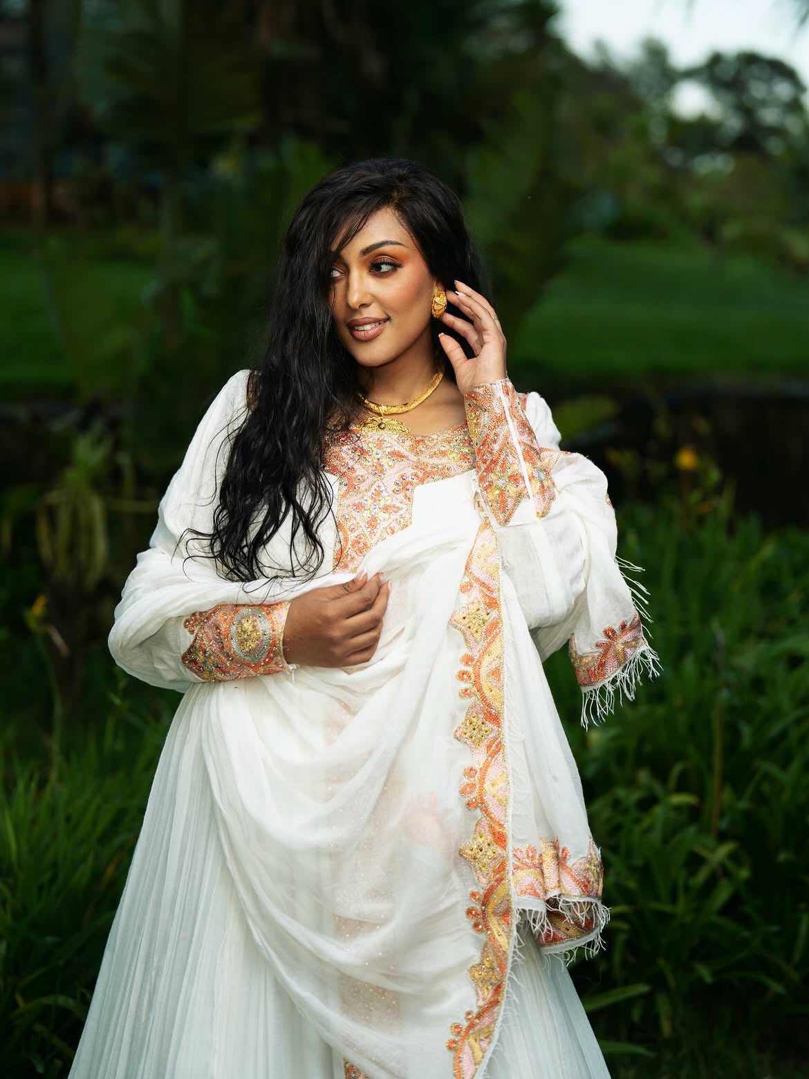 Peach & Gold Filigree Embroidered Habesha Dress Long Sleeve Habesha Kemis With Matching Netela 1251
