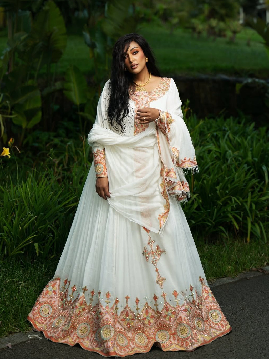 Peach & Gold Filigree Tapestry Gown Pure habesha cloth