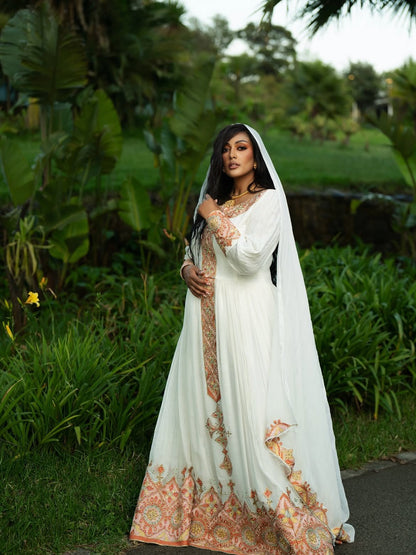 Peach & Gold Filigree Embroidered Habesha Dress Long Sleeve Habesha Kemis With Matching Netela 1251