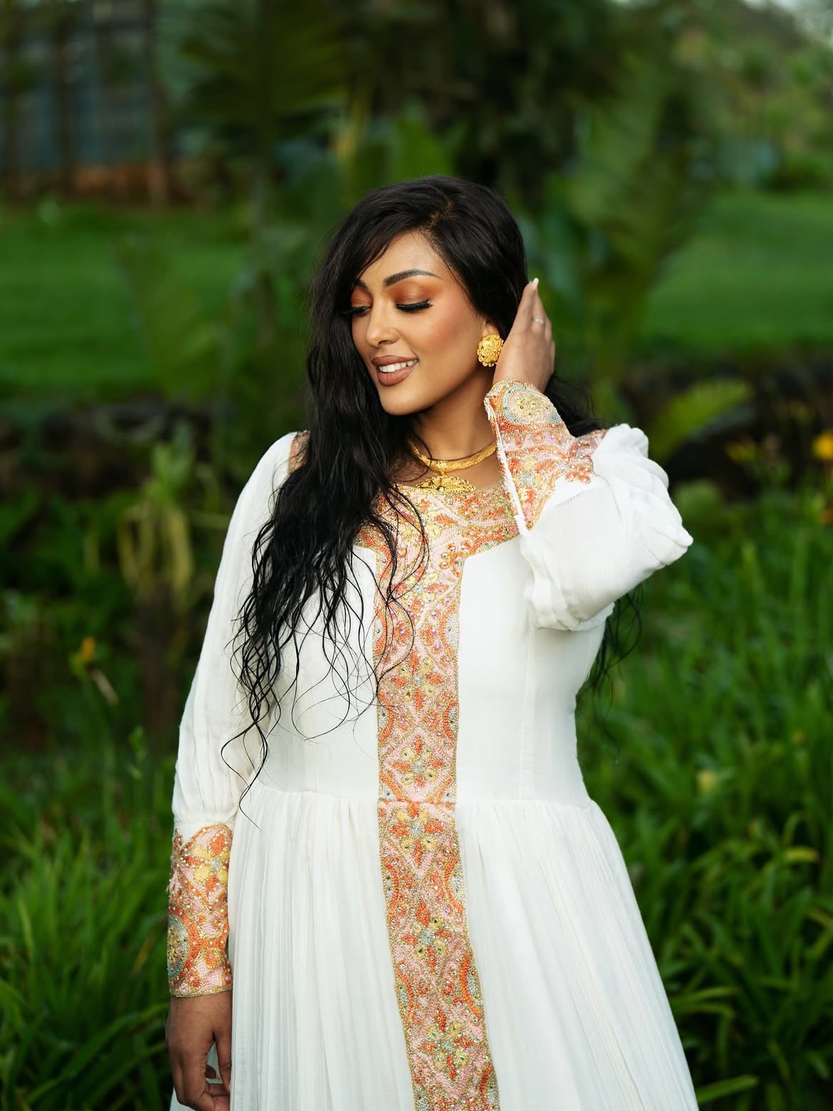 Peach & Gold Filigree Embroidered Habesha Dress Long Sleeve Habesha Kemis With Matching Netela 1251