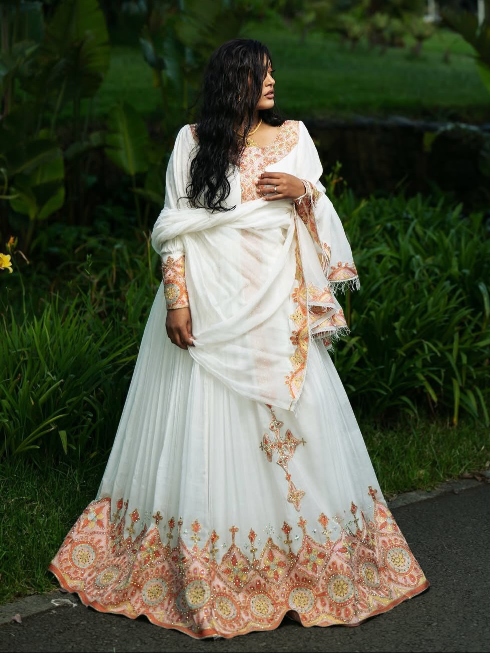 Peach & Gold Filigree Embroidered Habesha Dress Long Sleeve Habesha Kemis With Matching Netela 1251