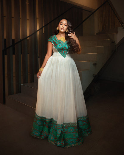 Teal & Terracotta Geometric Ethiopian Clothing V-Neck Cap Sleeve Habesha Dress For Event 1252