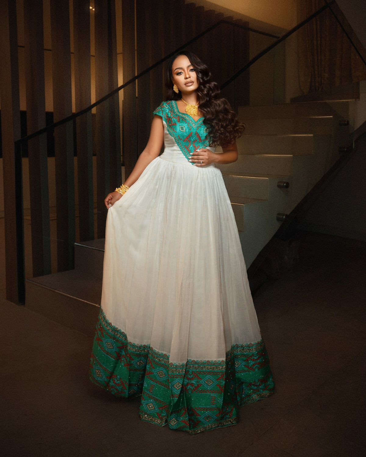 Teal & Terracotta Geometric Ethiopian Clothing V-Neck Cap Sleeve Habesha Dress For Event 1252