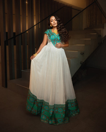 Teal & Terracotta Geometric Ethiopian Clothing V-Neck Cap Sleeve Habesha Dress For Event 1252