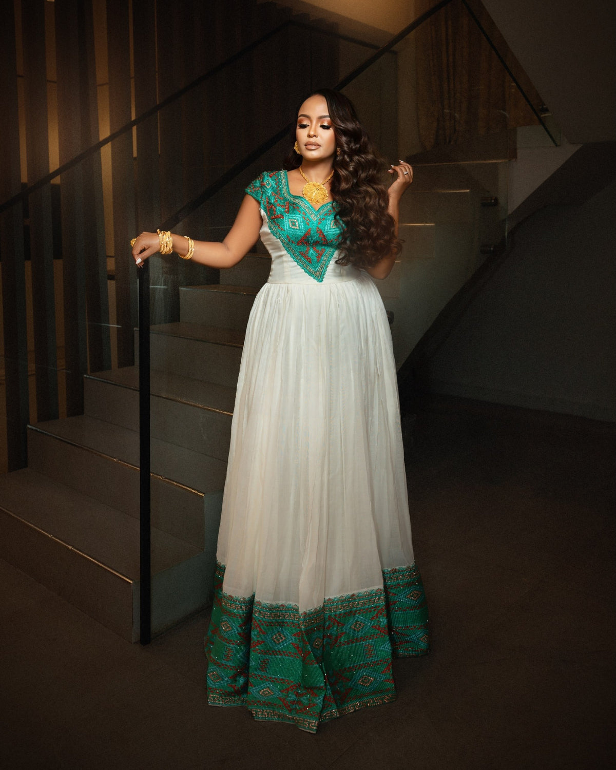 Teal & Terracotta Geometric Ethiopian Clothing V-Neck Cap Sleeve Habesha Dress For Event 1252